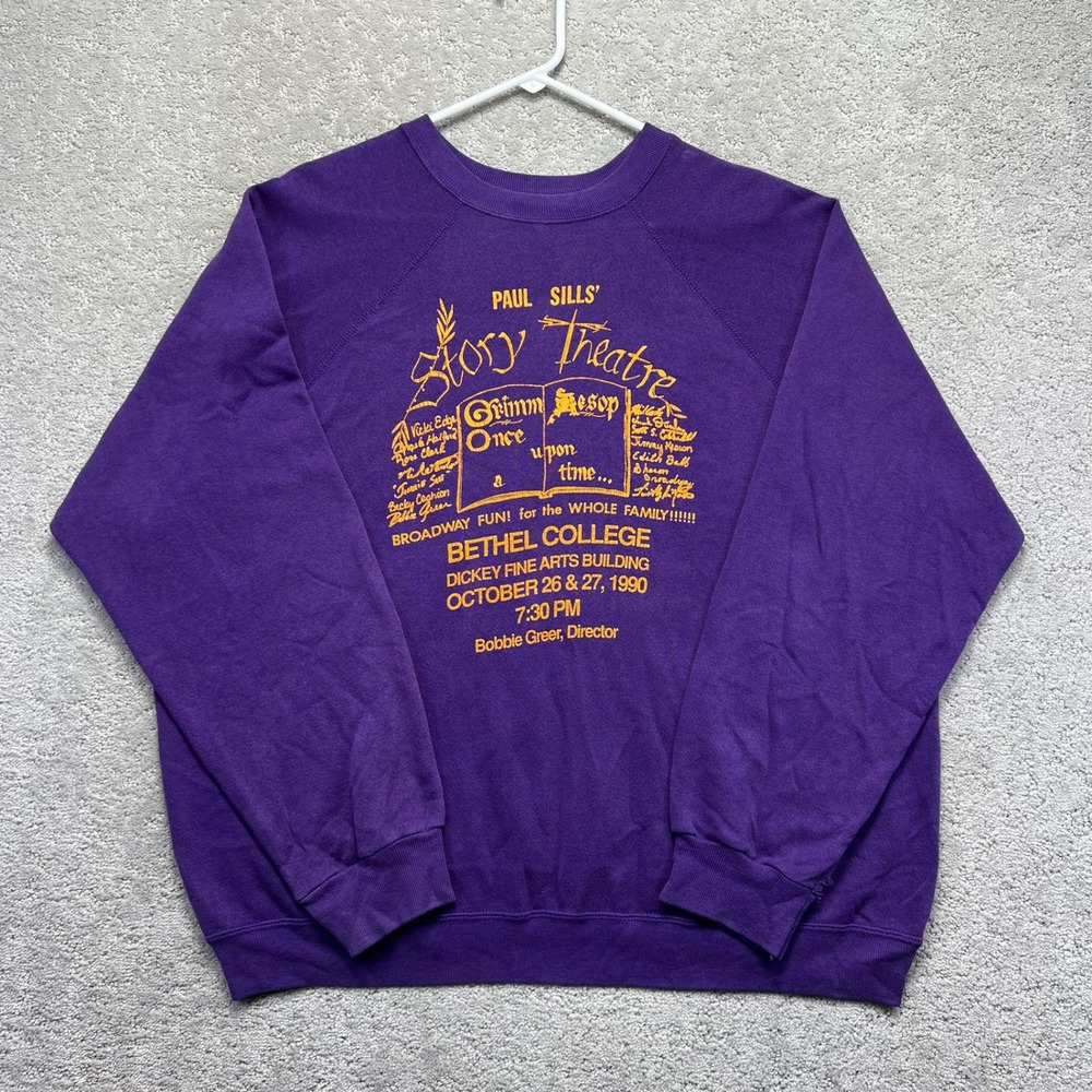 VTG Paul Sills Story Theatre Sweatshirt L? Purple Bethel College Raglan Tultex